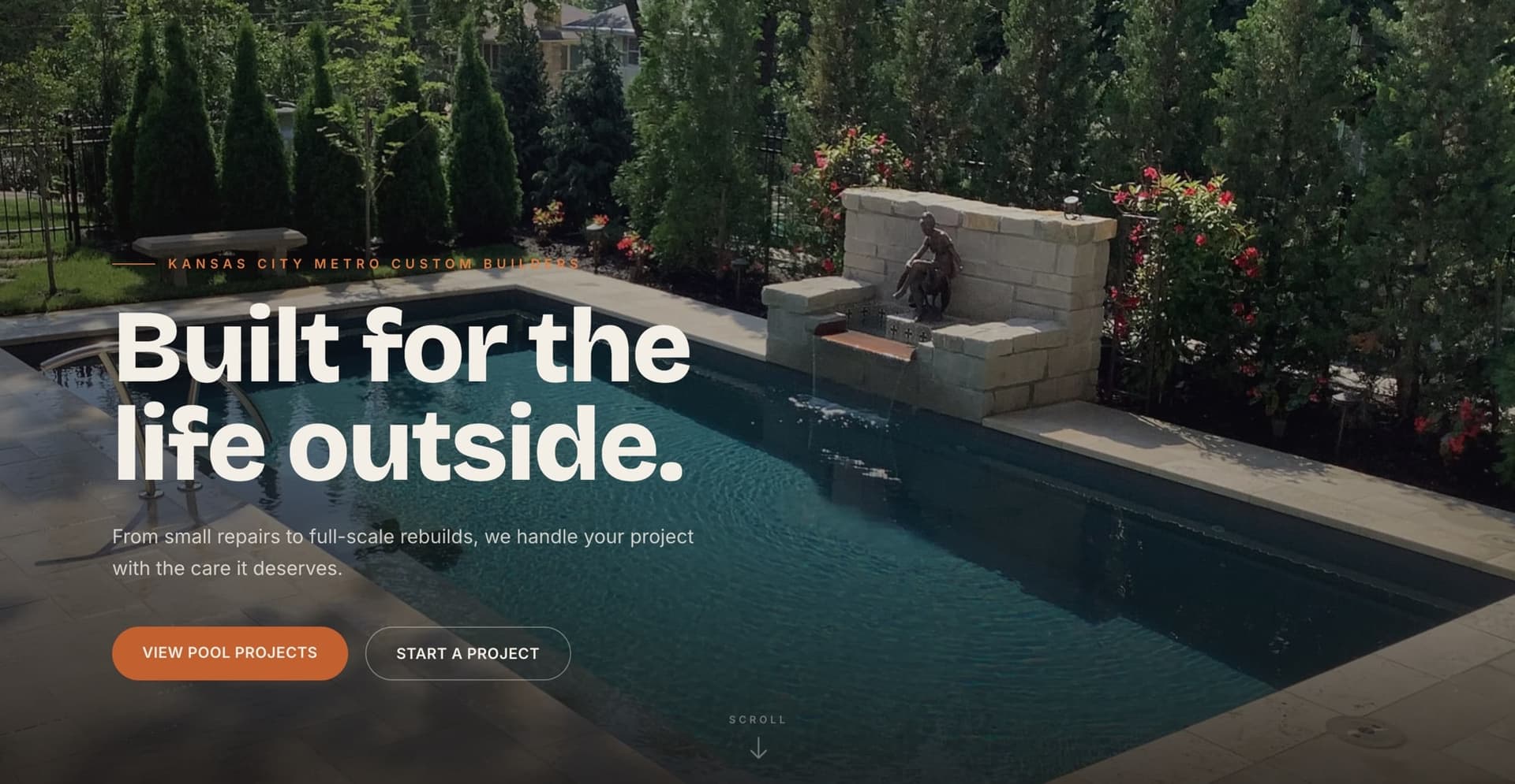 The Jaeli Construction home page: a custom pool and stone water feature in a landscaped Kansas City backyard, behind the headline “Built for the life outside.”